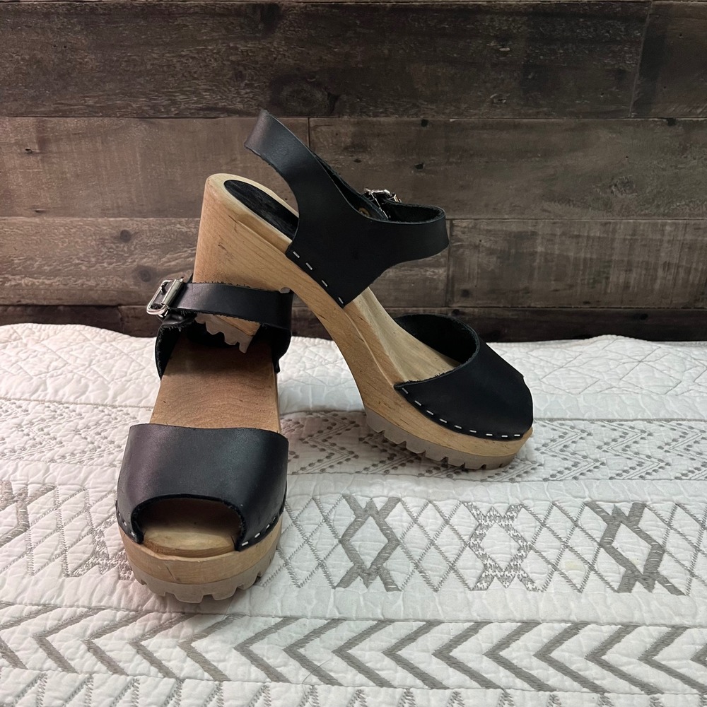 MIA Swedish Clogs Black Leather Wooden Platform Sandals Lug Sole Hippie Boho 38